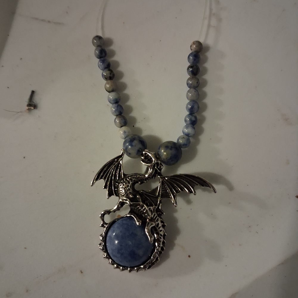 Mystical Silver Dragon Necklace with Blue Beads